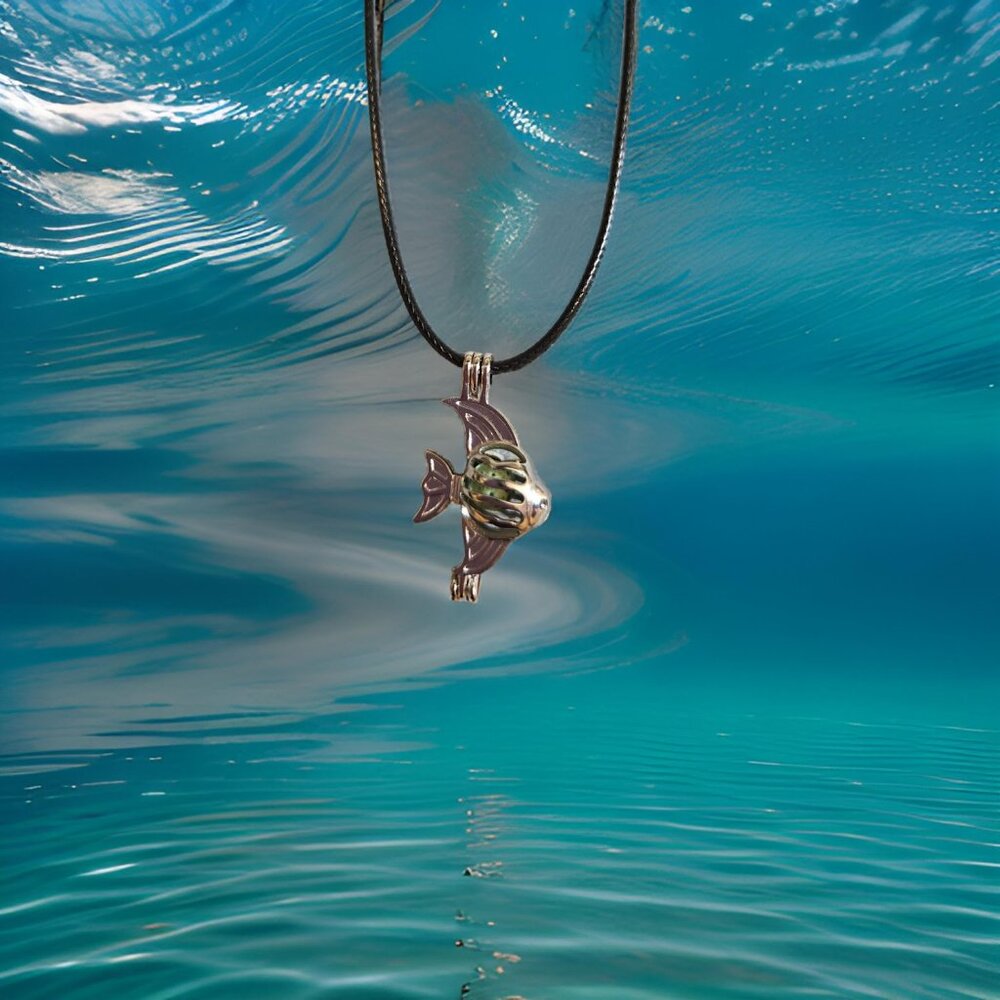 Fish silver essential oil holder necklace on a black thong